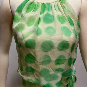 Rare Tahari Sleeveless Green and Cream Silk Tie Side Blouse